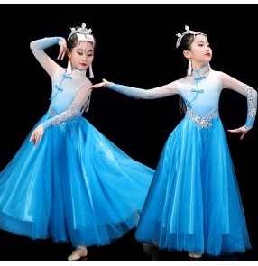 Children Girls chinese folk classical dance costumes blue white Mongolia dance long gown for kids Mongolian performance dresses flowing dance skirt
